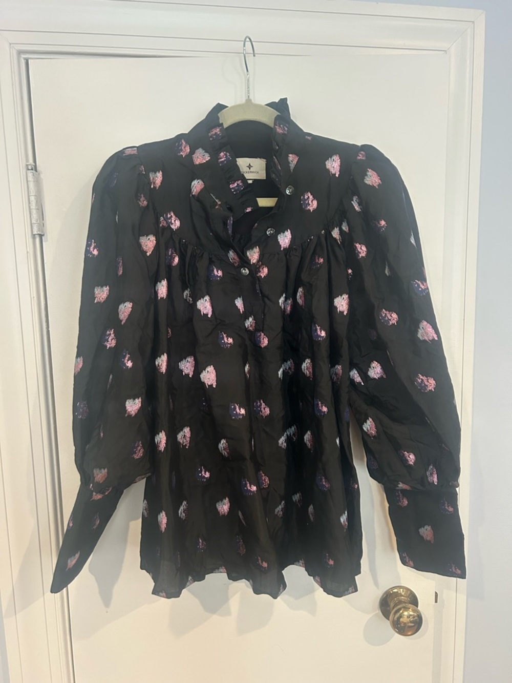 Tuckernuck Black Corrigan Blouse with Pink Metallic Brushstroke Print NWOT - Picture 3 of 7